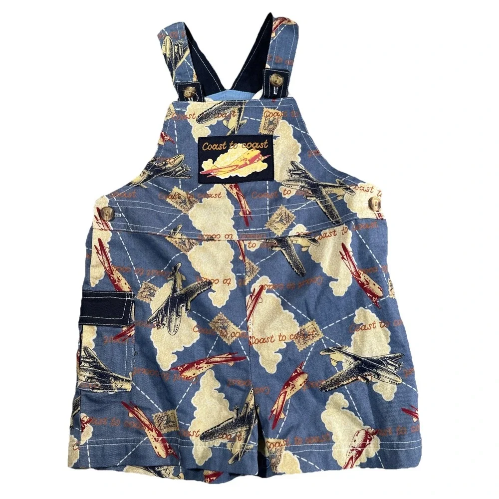 Vintage Toddler Airplane Coast To Coast Blue SZ 4T Bibs AOP Flights Travel Kids